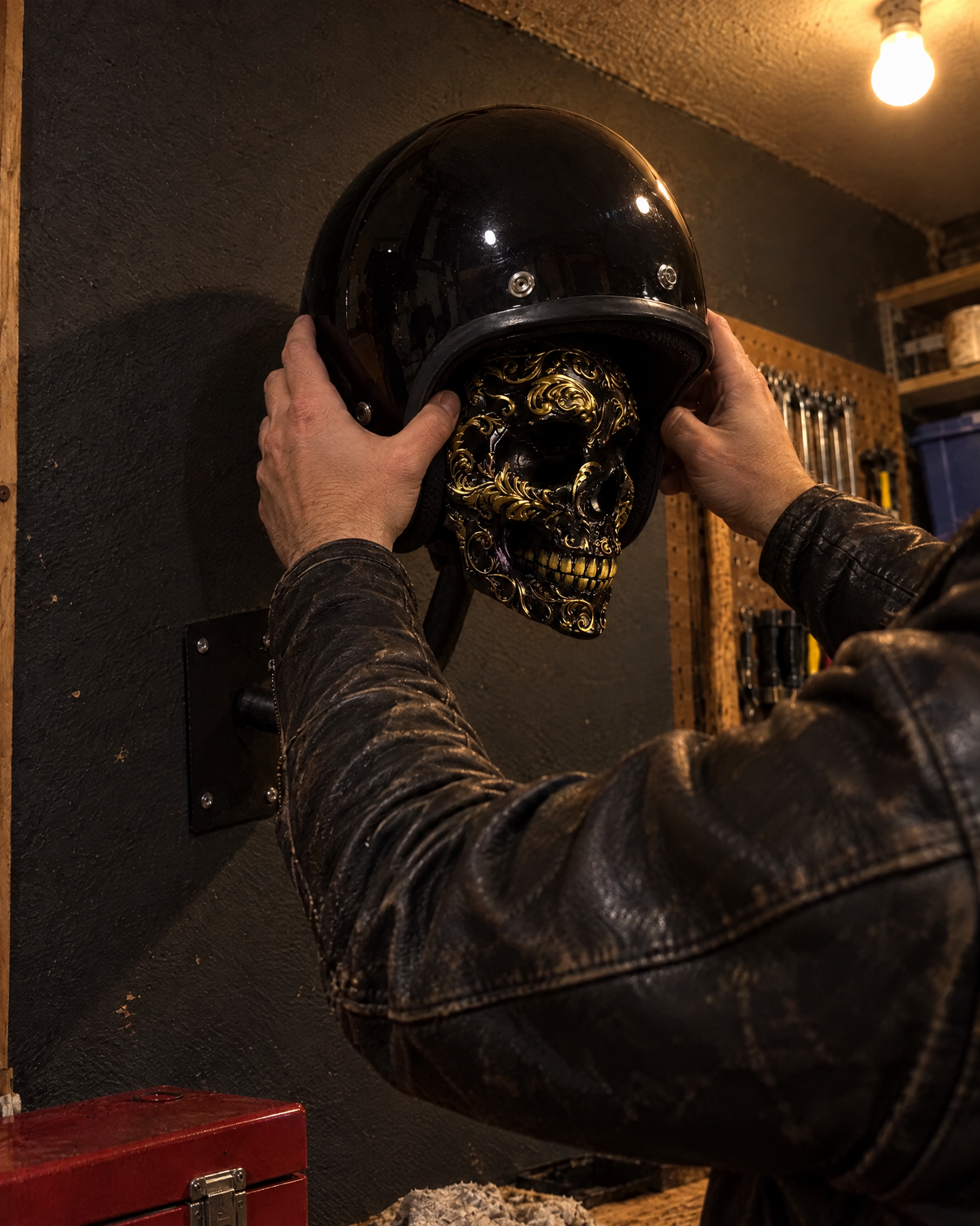 Rider putting his helmet onto the Black & Gold Bonehead in his garage