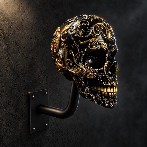 Bonehead Black & Gold skull helmet hanger mounted on a dark wall