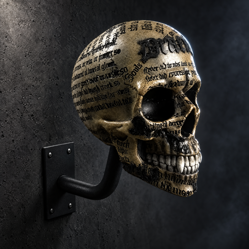 Bonehead Beige script skull helmet hanger mounted on a dark wall
