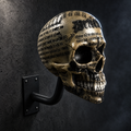 Bonehead Beige script skull helmet hanger mounted on a dark wall
