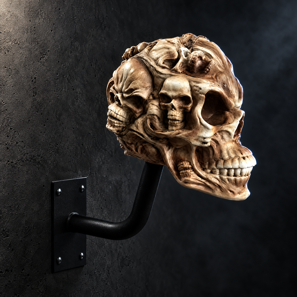 Bonehead Bone skull helmet hanger mounted on a dark wall