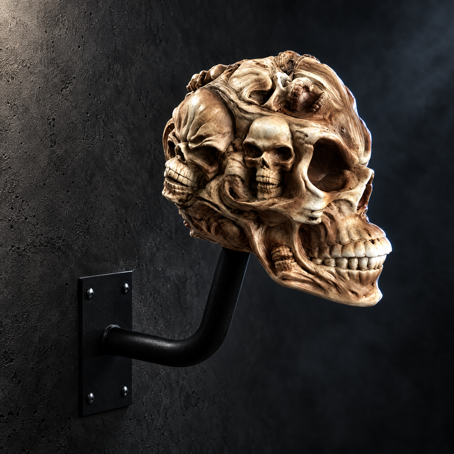 Bonehead Bone skull helmet hanger mounted on a dark wall