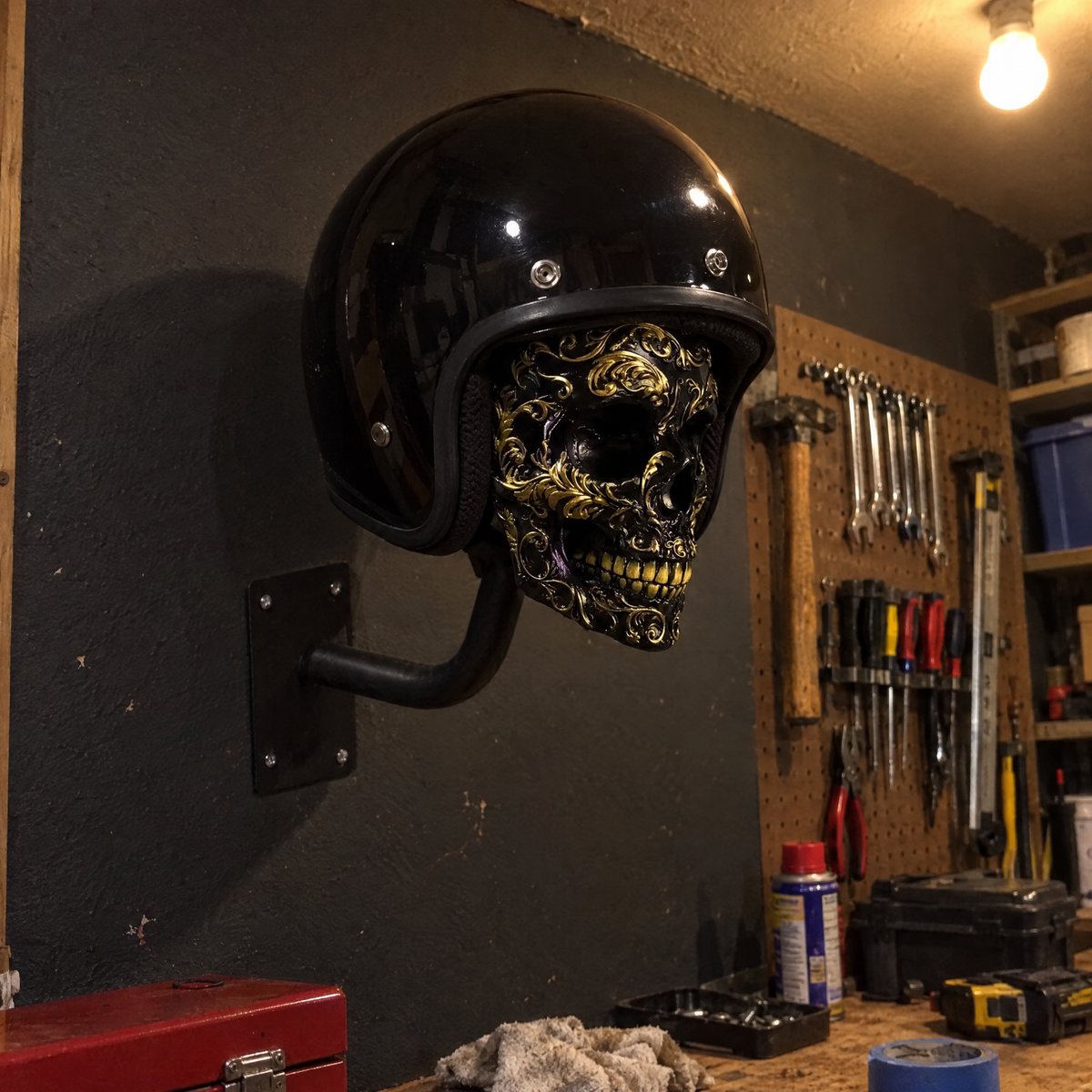 Black & Gold Bonehead wearing a gloss black helmet on a garage wall