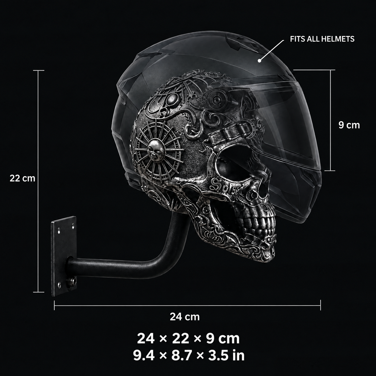 Bonehead size guide — 24 × 22 × 9 cm (9.4 × 8.7 × 3.5 in), fits all helmets